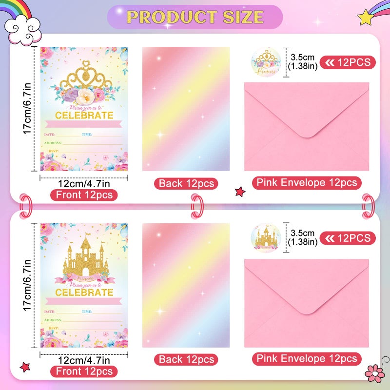 TaoBary 24 Set Princess Baby Shower Invitation Pink Princess Birthday Invitation Cards with Envelopes and Stickers Royal Little Princess Invitation for Baby Shower Birthday Party Supplies (Happy Birthday) - Image 3